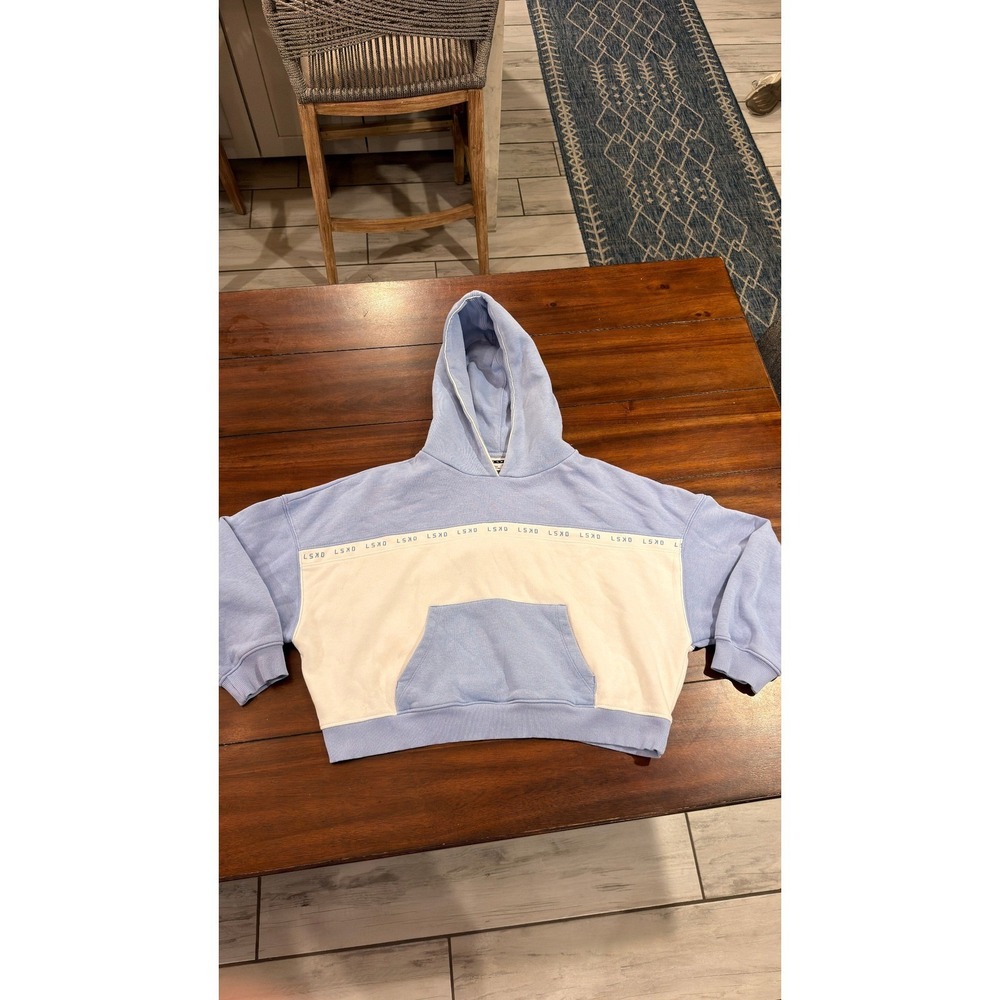 LSKD Womens Colorblock Hoodie Blue White Relaxed Fit Cropped Sweatshirt Size S